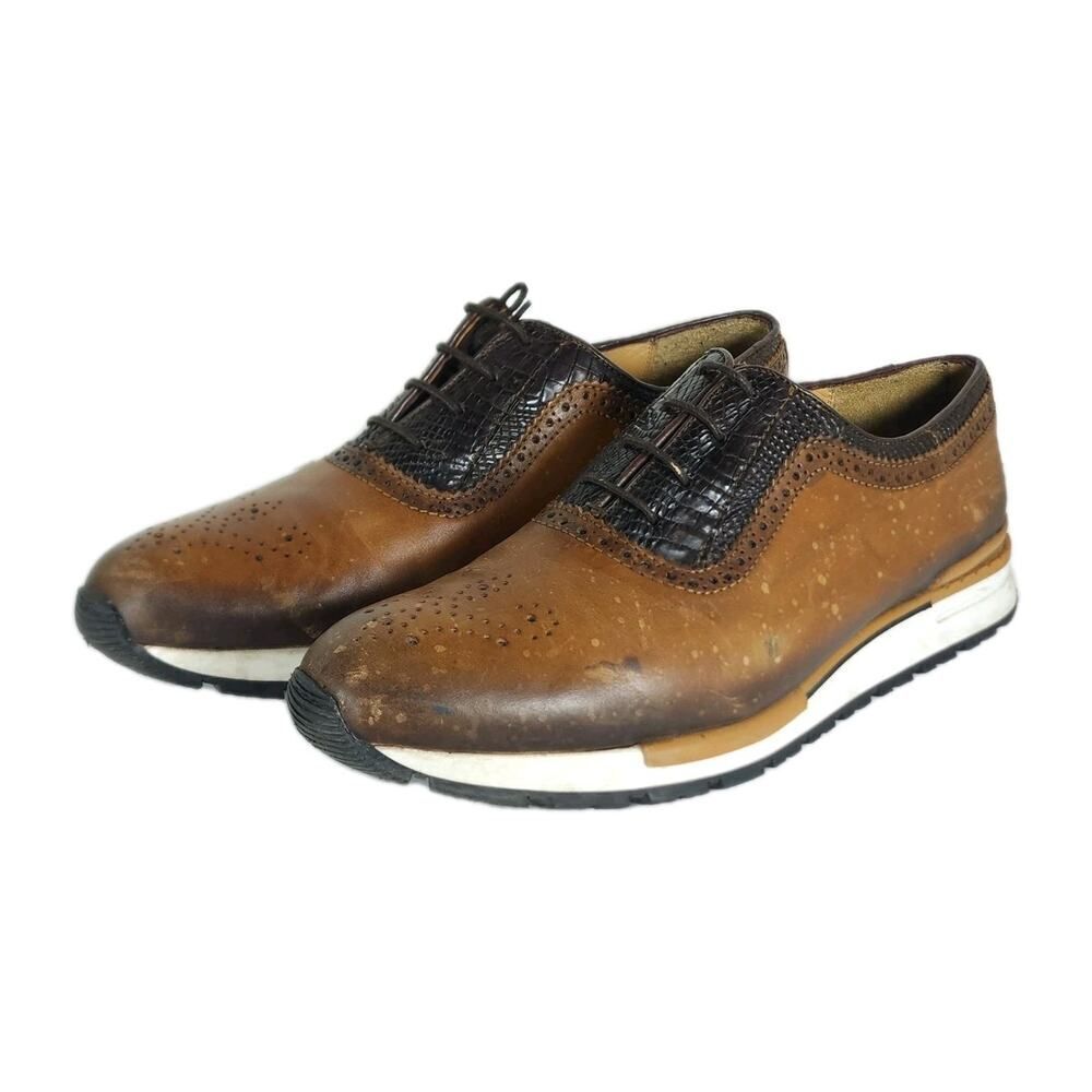 Franco Cuadra Men's 28,5 US10 Brown Distressed Leather Lace Up Trainer Sneakers